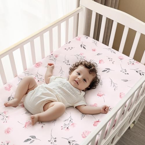 Image of PHF Soft Crib Sheet Fitted, 2 Pack Baby Sheets for Girls, 28x52x9in Fits Standard Crib and Toddler Mattresses, Silky Comfy Breathable Polyester Baby Mattress Sheets, Pink Floral
