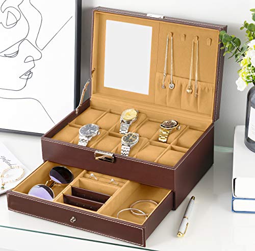 Oyydecor Watch Box 12 Slots Watch Organizer Jewelry Display Case Organizer With Jewelry Drawer For Storage And Display Lockable #TOP4