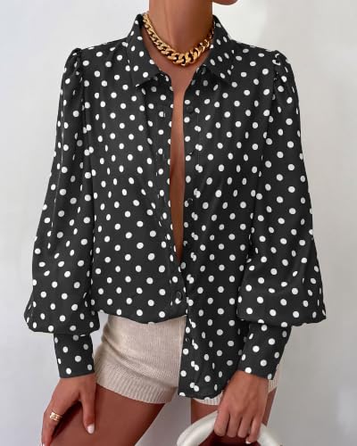 BTFBM Summer Blouses for Women Dressy Casual 2026 Long Sleeve Button Down Shirt V Neck Boho Spring Tops Fashion Clothing(Polka Dot Black, X-Large) — view 2