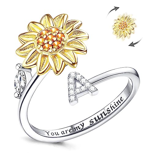 Fidget Ringar för kvinnor, Kucheed Sunflower Justerbar Storlek Spinner Ring, Silver Stapelbar Stress Relief Anti-Angest Letter Finger Circle, Graverad You Are My Sunshine Inuti Smyckesringen(A)
