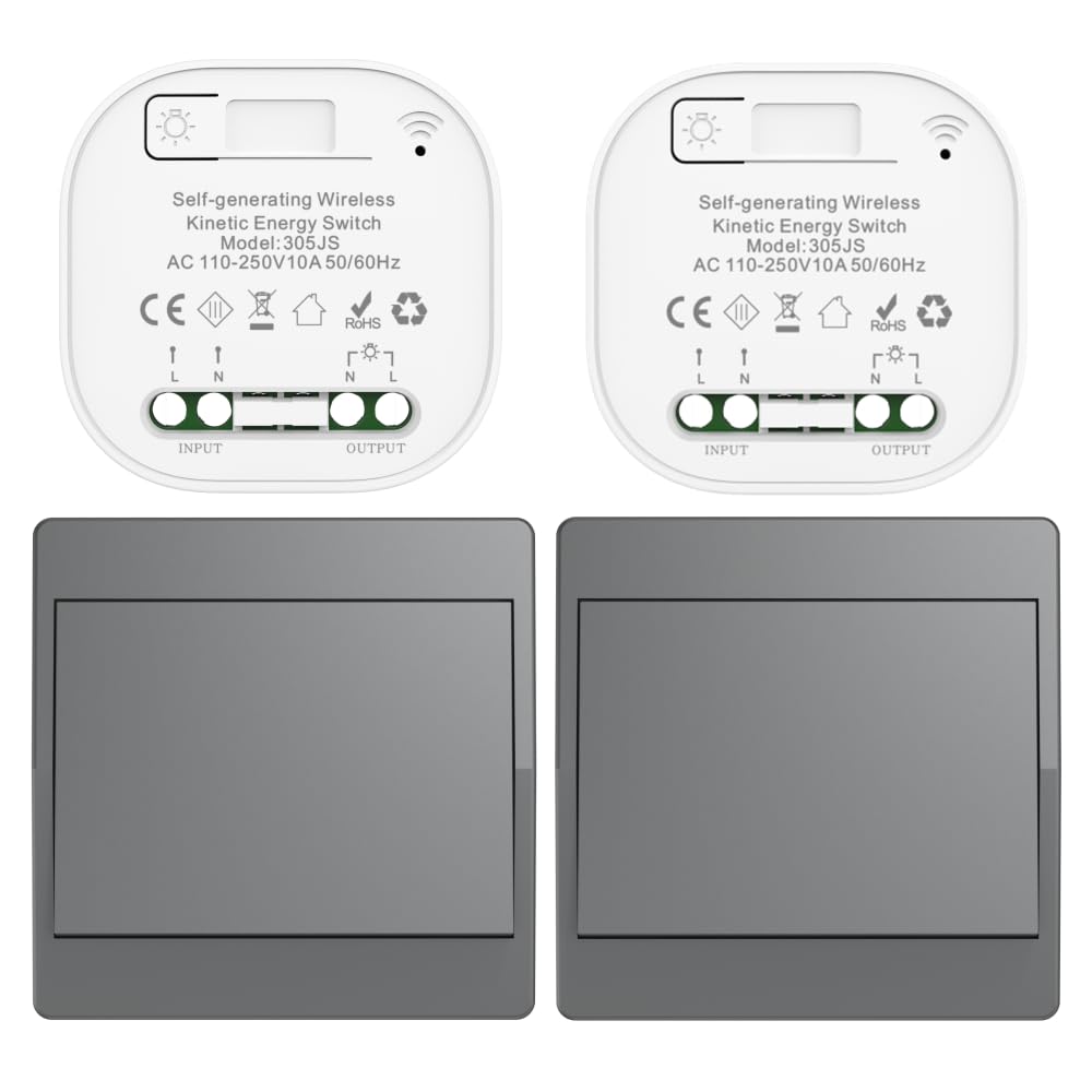 Grau Selbstbetriebener kabelloser kinetischer Schalter-Set RF-Fernbedienung kabelloser kinetischer Schalter ohne Batterie kabellose Funkschalter (Grau 1Gang 2V2 EU)