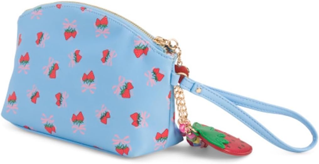 Juicy Couture Medium Sweet Strawberry Pouch, Blue Multi-Colored, Strawberry Bows, 8.5in W x 5.75in H