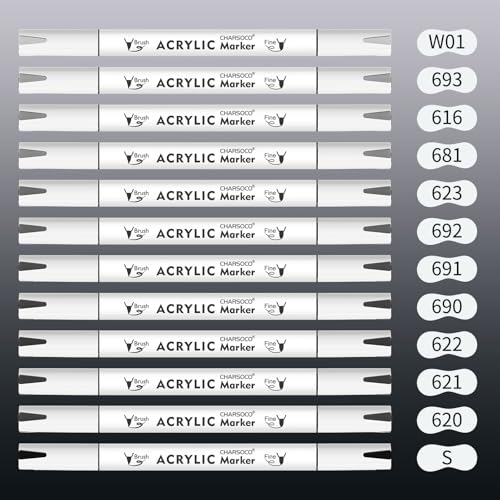Image of Grey Tones Acrylic Paint Pens, 12 Colors Markers Set with Soft Brush & Bullet Tip, for Rock, Painting, Wood, Glass, Ceramic, Canvas, Stone, DIY Crafts, Making Art Supplies, Fabric Paint