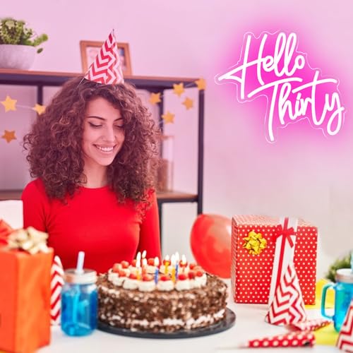 Image of Hello Thirty 30th Birthday Neon Signs Led Neon Light Happy Birthday Party Neon Light for Anniversary Room Wall Decor with Dimmable Switch and USB Powered Neon Lignts
