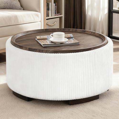 Immulize 29.5-Inch Round Coffee Table Ottoman with Storage, Multi-Functional Storage Ottoman and Stylish Coffee Table, Flip-Top Tray and Hidden Stow, Suitable for Living Room, Bedroom (Beige)