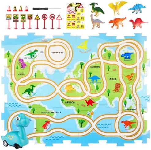 Puzzle Racer Kids Dinosaur Car Track Set, 3-8 Years Old Kid STEM Learning Floor Puzzle Playset, Educational Race Car Toy for Birthday Christmas, Home Indoor Parent-Child Toys