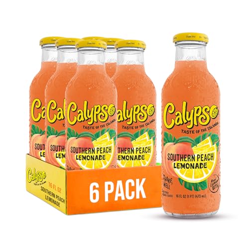 Calypso Lemonade, Southern Peach Lemonade, Made with Real Fruit, 16 Fl Oz Glass Bottles (Pack of 6)