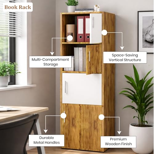 Image of Callas Wooden Book Rack | Multi-Compartment Storage Cabinet | Space-Saving Vertical Bookshelf with Doors | Durable & Sturdy Organizer for Home & Office (Walnut, 4 Tier)