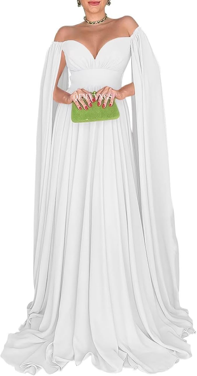 Off Shoulder Prom Dresses with Cape Sleeve for Women Elegant Formal Evening Gowns A-Line Wedding Guest Dress