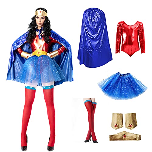 Carnavalife Disfraz Superhéroe Poder Niña Mujer, Conjunto Falda Tutú con Estrella, Maillot Body, Capa, Pulseras, Tocado y Medias (Pack azul superwoman, S)