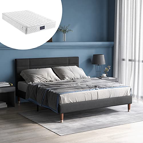 HAINEW Polsterbett 140×200cm Mit Federkern Matratze Und Holz Lattenrost, Modernes Design Doppelbett gepolsteres Bettgestell mit Kopfteil Für Erwachsene Oder Jugendliche, Leinen, Grau