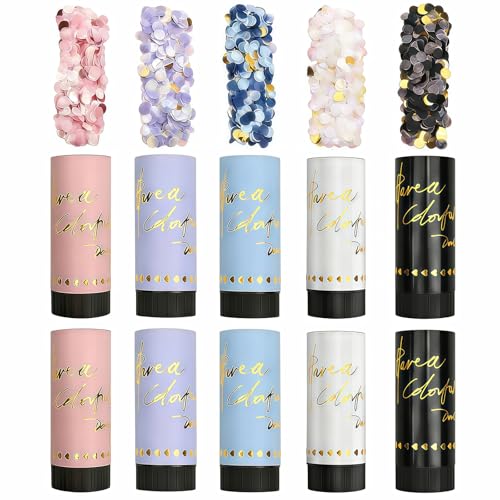 10 Stück Konfettikanone, 5 Farben Party Popper, Konfetti Kanone Biologisch Abbaubar, Konfettiregen Hochzeit, 11cm mit drehbarem schwarzem Drehteller nach links für Hochzeit, Geburtstag, Weihnachten