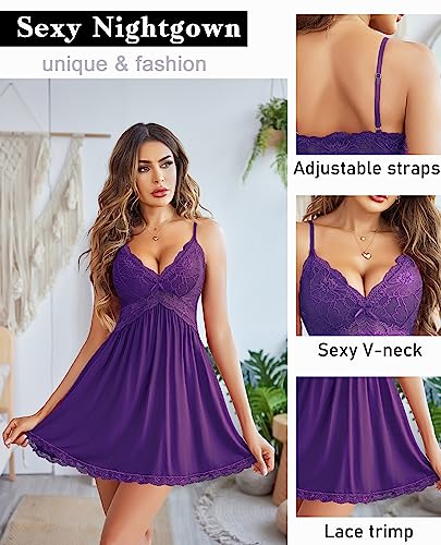 Image of Avidlove Women Chemise Night Gown Lace Modal Sleepwear V-Neck Full Slip Babydoll Lingerie Sexy Nightgowns