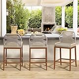 Outdoor Bar Stools, Rattan Outdoor Counter Height Bar Stools Set of 3, 26.5' H Woven Rope Patio Bar Chairs with Aluminum Legs for Kitchen, Red Brown