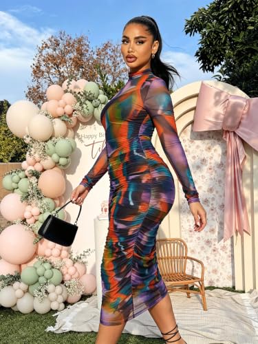 Image of MOEENCN Women's Sexy Long Sleeve Sheer Mesh Midi Bodycon Dress 2 Piece Set
