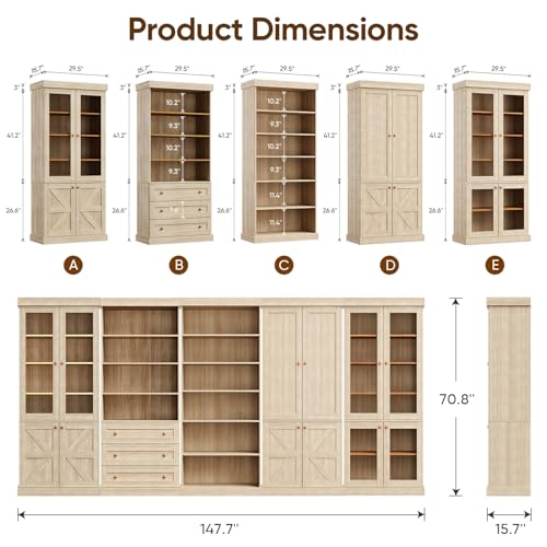 Image of ivaniti 70.8 inch Tall Farmhouse Bookshelf, Modular Bookcase with Glass Doors, 6-Tier Adjustable Shelves, Large Storage Cabinet for Study or Home Office, Brown, Set of 3