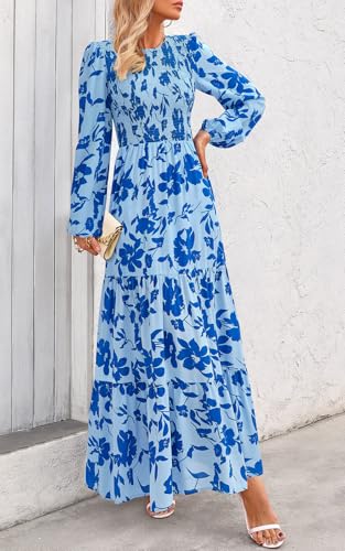 Image of PRETTYGARDEN Women's Fall Dresses 2026 Long Sleeve Flowy Casual Floral Maxi Dress Crew Neck Smocked Tiered Long Dress
