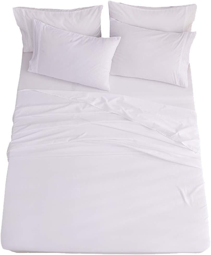 Shilucheng Bed Sheet Set Microfiber 1800 Threads Egyptian Super Soft Sheets 16-Inch Deep Pocket - Hypoallergenic - 6 Piece (White, King)