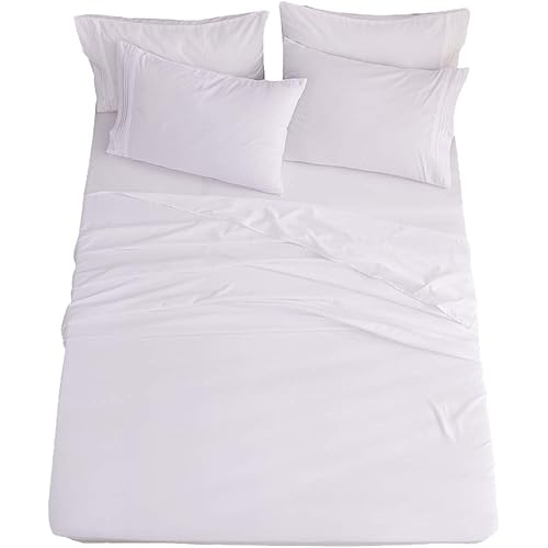 Full Size 6-Piece Bed Sheets Set Microfiber 1800 Thread Count Percale 16 Inch Deep Pockets Super Soft and Comforterble (Full, White)