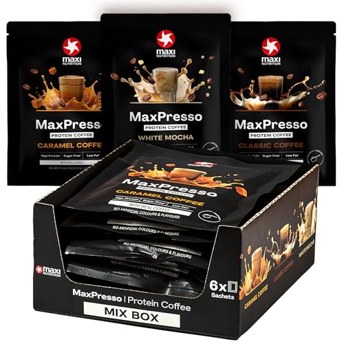 MaxiNutrition MaxPresso Mixbox 6x30g, 3 Sorten, Protein Kaffee, Whey Coffee Pulver, 21g Eiweiß pro Portion, Zuckerfrei & fettarm, Warm & kalt genießbar