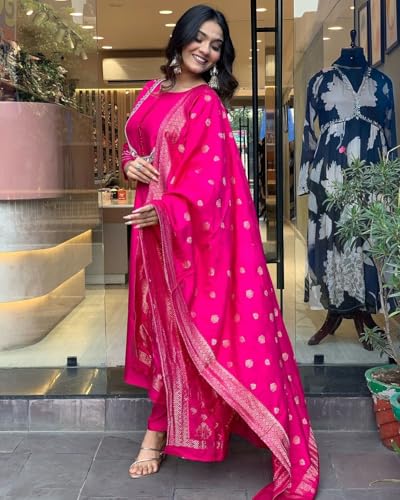 Image of Yashika Women's Silk Blend Jacquard Kurta and Pant with Dupatta Set and Khatali Work Suitable For Every Indian Occasion