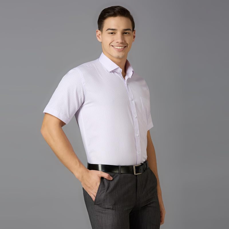 Image of MARK & ALBERT Men's Striped Half Sleeves Regular Fit Shirt | Stretchable Fabric