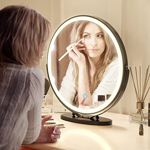 Vlsrka 20 Inch Makeup Mirror Vanity Mirror With 3 Color Lighting Modes, Touch Control Desk Mirror, 360° Rotatable, High-Definition Large Round Cosmetic Mirror, Black #TOP6