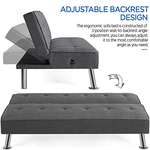 Yaheetech Modern Convertible Futon Sofa Bed W/ 2 Integrated Usb Charging Ports Fabric Loveseat Couch Metal Legs, 3 Angles Adjustable Back For Compact Living Space, Apartment, Dorm, Bonus Room Gray #TOP5