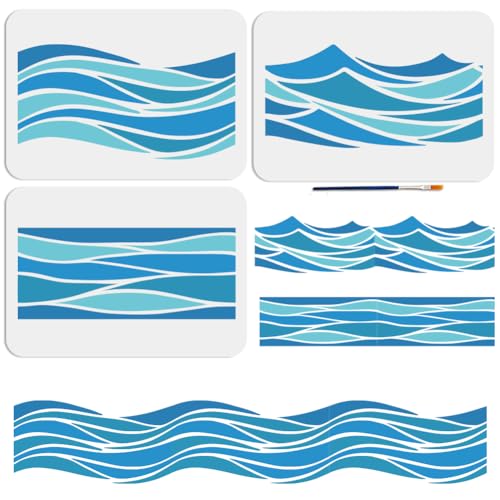 MAYJOYDIY 3pcs Waves Stencil Template 11.7×8.3inch Large Sea Ocean Wave Stencil with Paint Brush Reusable Summer Beach Wave Drawing Templates for Furniture Canvas Home Decor DIY Crafts