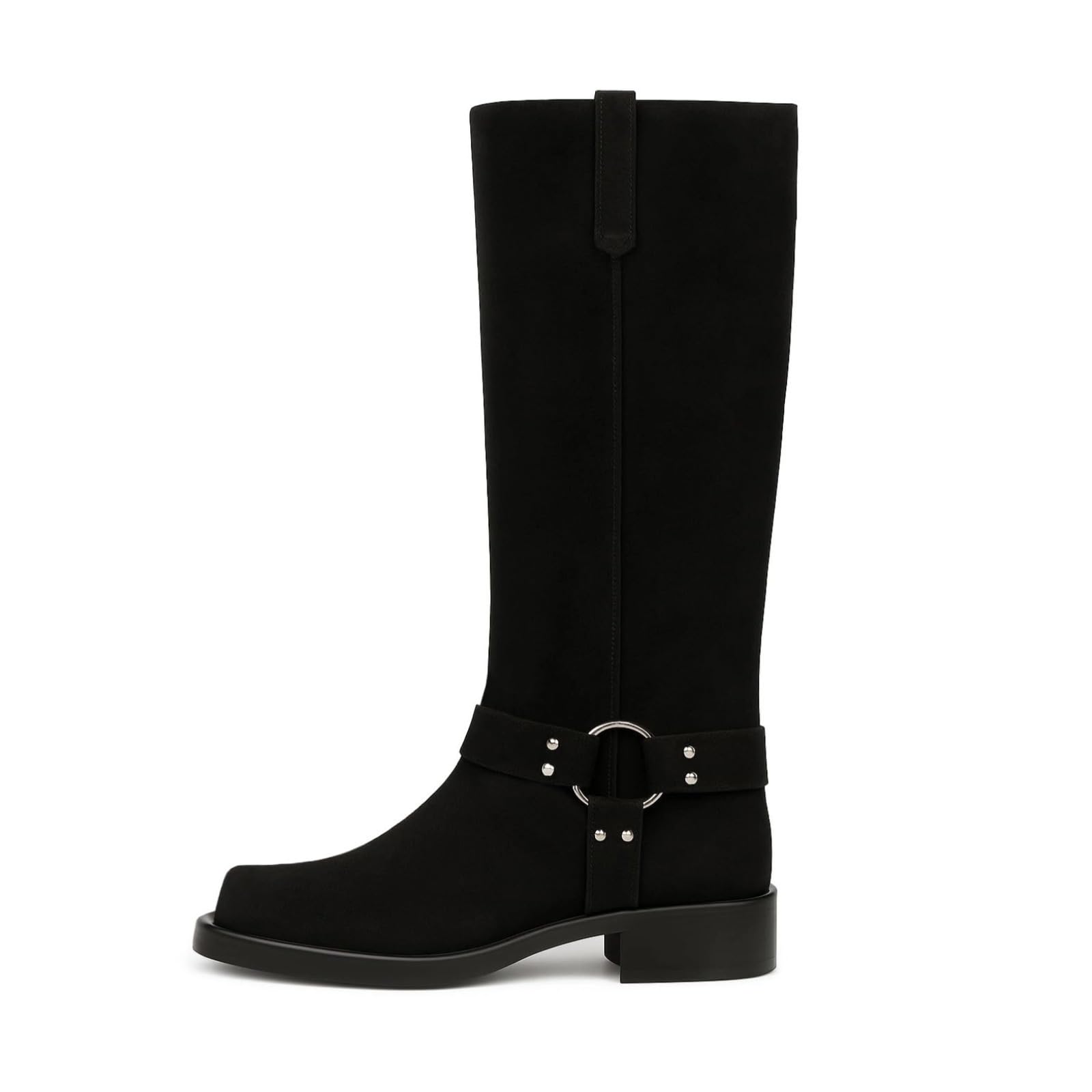 FIFSY Knee High Boots for Women Chunky Heel Buckle Boots Square Toe Pull On Motorcycle Biker Riding Boots