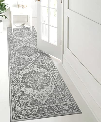 Kozyfly 2X8 Non-Slip Washable Runner Rug - Vintage Persian Print Rug Thin Runner Rug Boho Rug Runners 2X8 For Hallway, Kitchen, Bathroom - Distressed Medallion Grey Chenille Carpet #TOP5