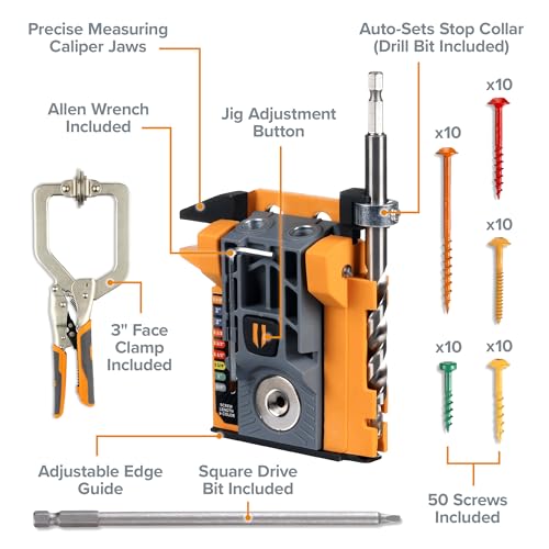 Image of BORA Automatic Mini Pocket Hole Jig Kit with 3 inch Face Clamp & 50pc Screw Set Auto-Adjusting Portable Pocket Hole System for Woodworking Best Drill Jig for Angled Holes Pocket Screw Jig Tool Set