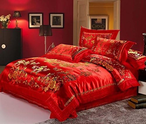 HNNSI 4pcs Wedding Bedding Sets Full Size, Chinese Dragon and Phoenix Satin Lace Duvet Cover Set with Cotton Flat Sheet, Quit/Comforter Cover Sets, RED Bedding Sets (Full, style4)