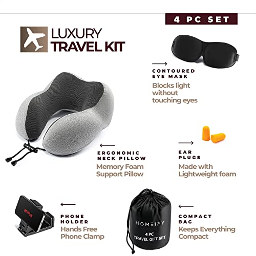 Airplane Neck Pillow Includes Travel Pillow + Airplane Phone Holder Mount + Eye Masks + Earplugs For Travel, 100% Pure Memory Foam Travel Pillow, 4 Pc Travel Kit, #TOP2