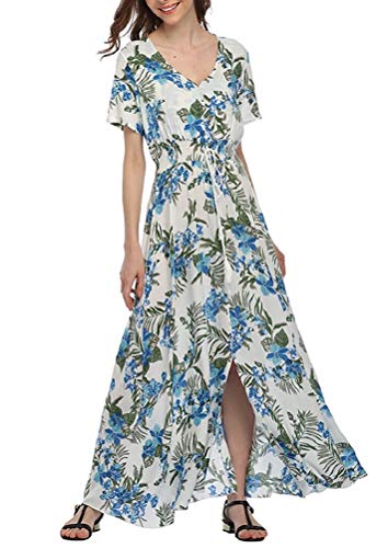 Image of VintageClothing Women's Floral Maxi Dresses Boho Button Up Split Summer Casual Long Dress Beach Party Dress