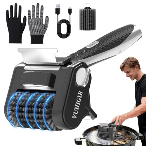 Electric Grill Brush, BBQ Grill Cleaner for Outdoor Grill with LED Light Removable 304 Stainless Steel Brush Head Cordless Grill Cleaning Brush 150 Mins Runtime No Bristle Shedding for Barbecue Grates
