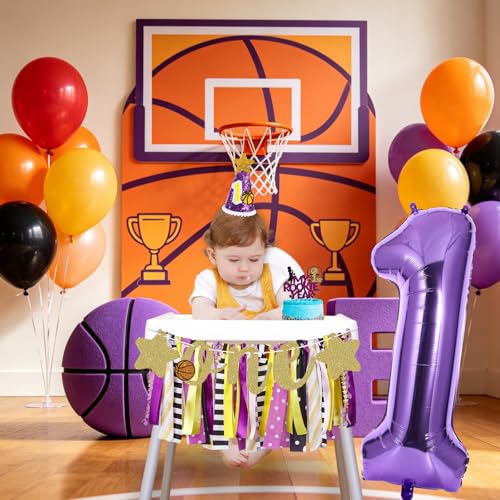Image of Basketball Highchair Banner for First Birthday Party Decorations | My 1st Rookie Year Basketball Banner for Boys Purple Gold High Chair Fabric Banner for One Birthday Backdrop Decorations