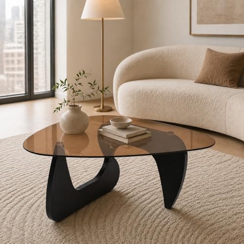 Image of 43.3 inch Black Glass Coffee Table, Mid-Century Modern Coffee Tables for Living Room, Organic Round Coffee Table with Smoked Tempered Glass Top and Wood Base, Small Center Table, Mesa de Centro para Sala