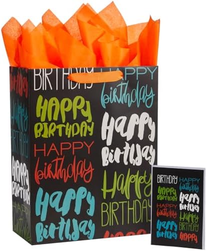 SUNCOLOR 13″ Black Large Birthday Gift Bag with Orange Tissue Paper(Colorful Happy Birthday)