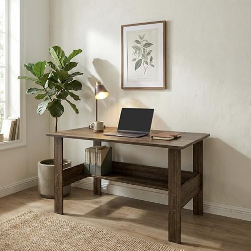 Image of Linea Study Desk with Lower Storage Shelf, Compact Writing Table & Laptop Station for Home Office and Students, 90x50x75cm (Oak Brown)