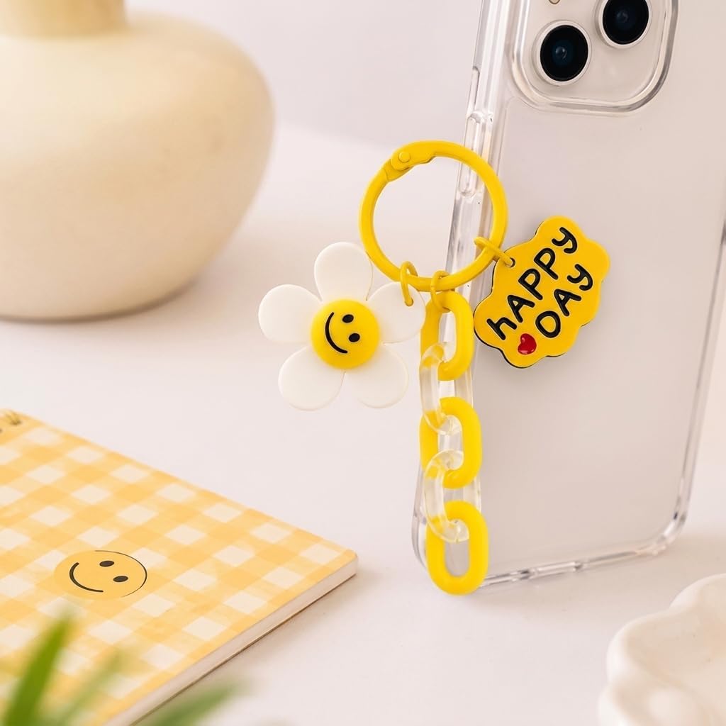 1 Piece Yellow Flower Acrylic Keychain Happy Day Charm Pendant with Chunky Chain Ring Holder for Keys Bag Purse Backpack Travel Women Girls Handmade Jewelry Gift