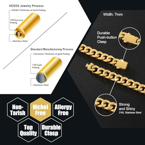 VEXXS Men's Gold Chain, 4 Sides Flat Cut 18K Real Gold Filled Stainless Steel Cuban Link Chain, Durable No Color Fading 5mm 7mm Men’s Chain Necklace Curb Chain Men’s Jewelry2