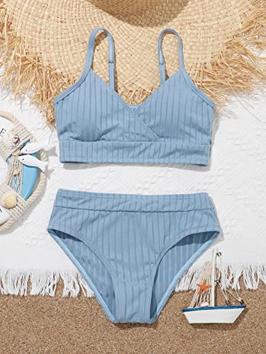 Milumia Girl's Cute Two Piece Swimsuit V Neck Spaghetti Strap Bikini Set Blue 11-12 Years #TOP2