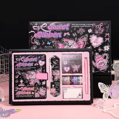 Image of PLUSPOINT Butterfly Aesthetic Scrapbook Kit for Girls - A5 Lock Diary Sweet Ribbons Theme with Stickers, Washi Tape, Memo Pads & Pen, Kawaii Journal Stationery Gift Set for DIY Scrapbooking