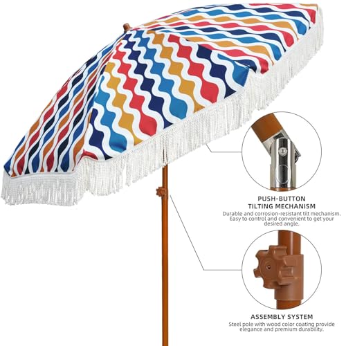 Image of AMMSUN 7ft Patio Umbrella with Fringe Outdoor Tassel Umbrella UPF50+ Premium Steel Pole and Ribs Push Button Tilt, Wave Colorful