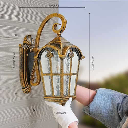 17.1" H Gold Outdoor Wall Lights - Waterproof & Anti-Rust Aluminum Porch Light Wall Mount, Hammered Exterior Lighting Fixtures, Outside Wall Lantern for Patio, Hallway, Doorway, Garden
