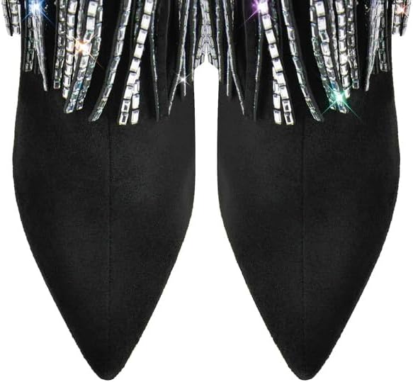 LISHAN Women's Fringe Rhinestones Stilettos Heel Knee High Boots Bling Pointed Toe For Party Prom Dance