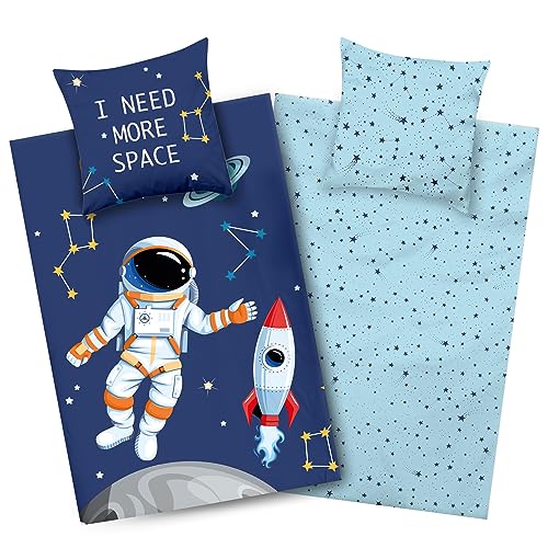 Aminata kids Weltraum Bettwäsche 135x200 Weltall-Motiv...