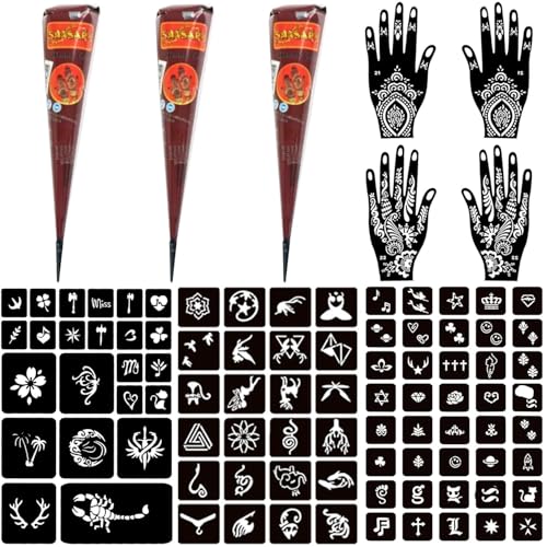 Moricher Temporary Tattoo Kits 3 Henna tattoo cones 101 Stencils Semi Permanent Tattoo Markers Jagua Gel for Women Men Kids DIY Art Painting Party Gifts