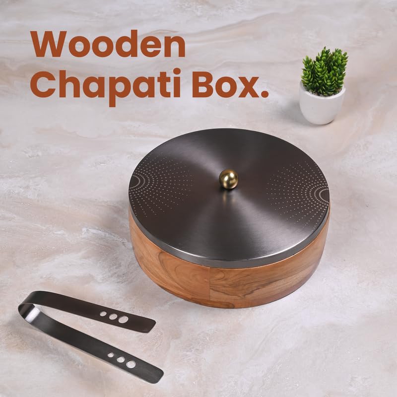 Image of Wooden Chapati Box for Kitchen - Casserole for Roti with Stainless Steel Brass Lid | Wooden Chapati Box with 1 Tong | Traditional Kitchen Organizer - GunMetal (SunRays Laser Etching)